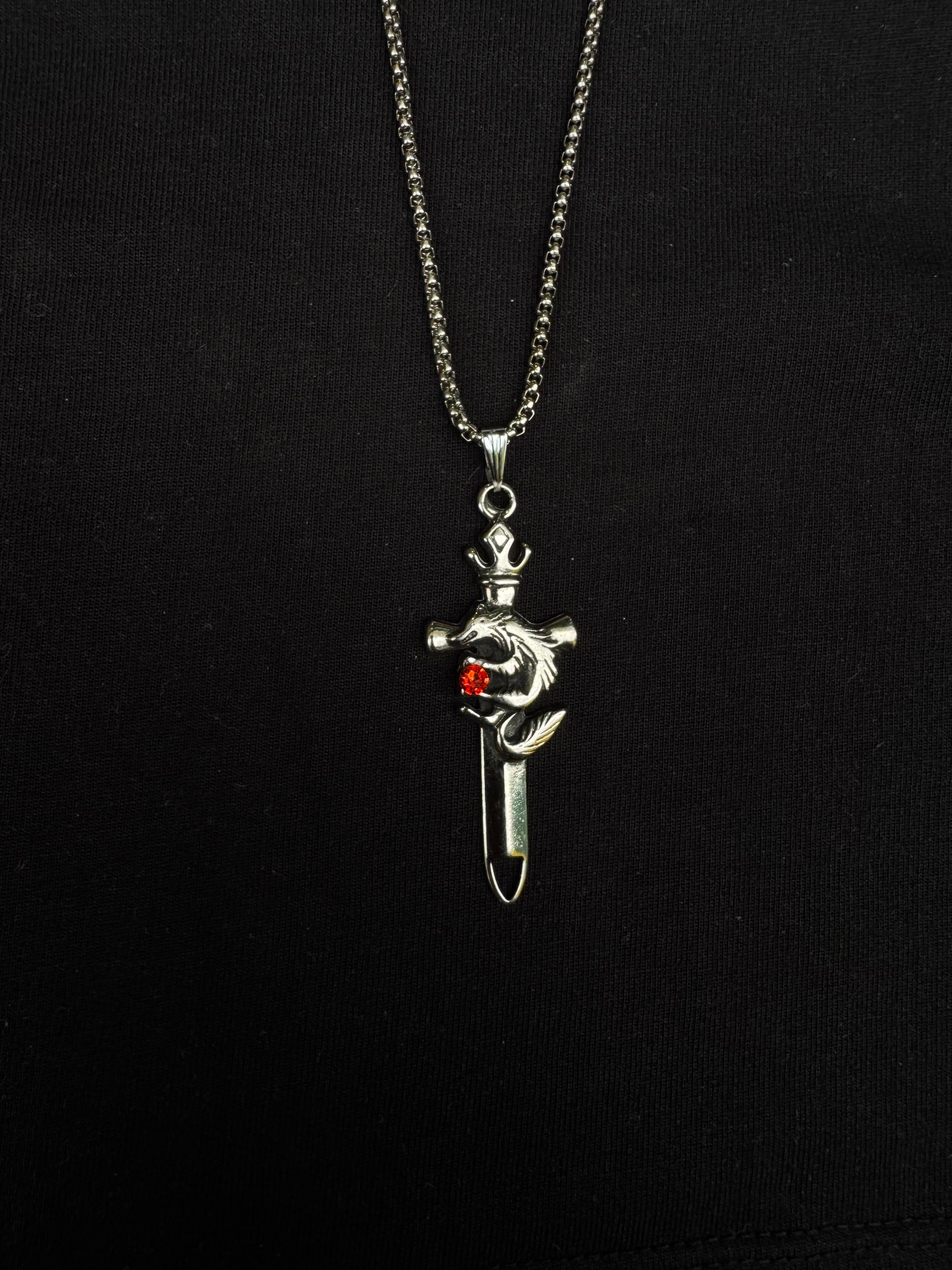 Wolf Sword Pendant Necklace with Red Gemstone